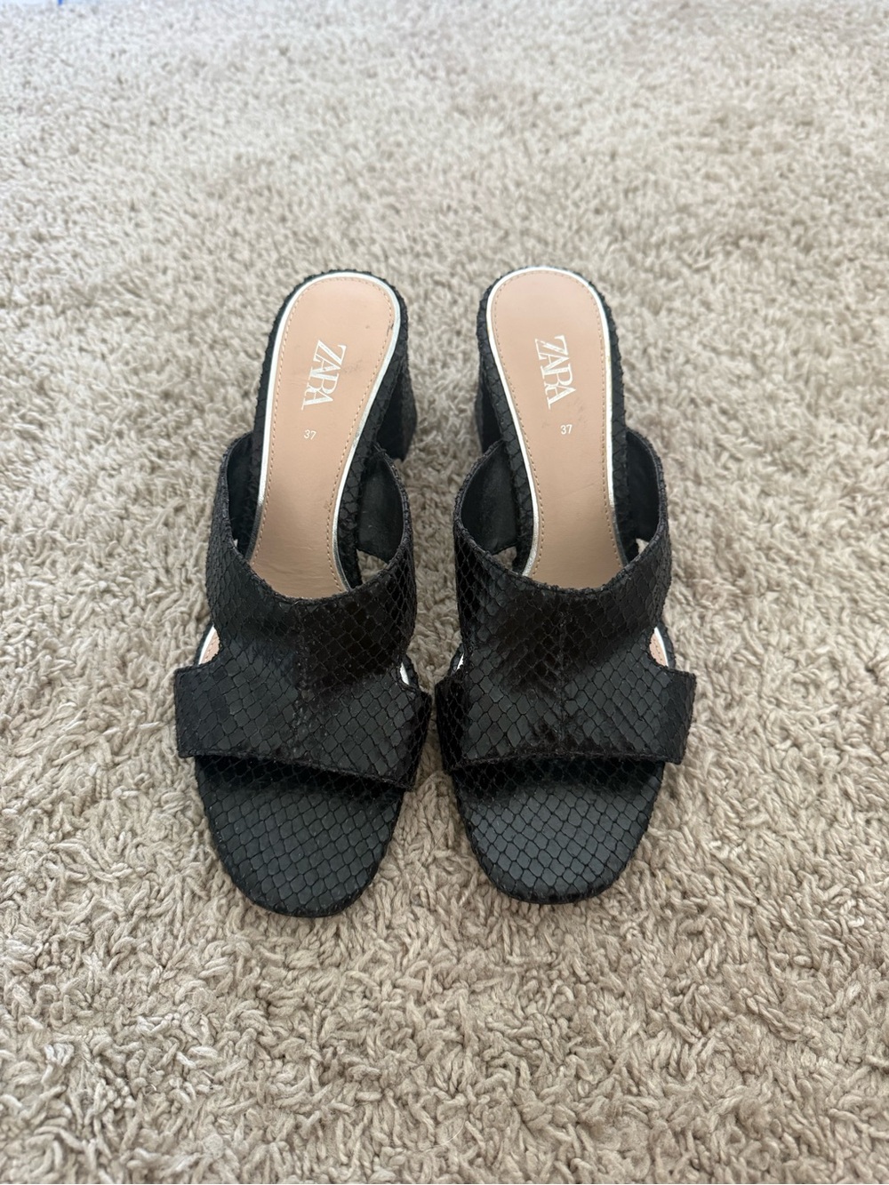 Zara Black Textured Slide Mules Open Heels Size  37